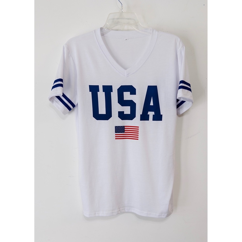 USA‎ Graphic V-Neck T-Shirt Mens sz M  American Flag varsity patriotic sporty